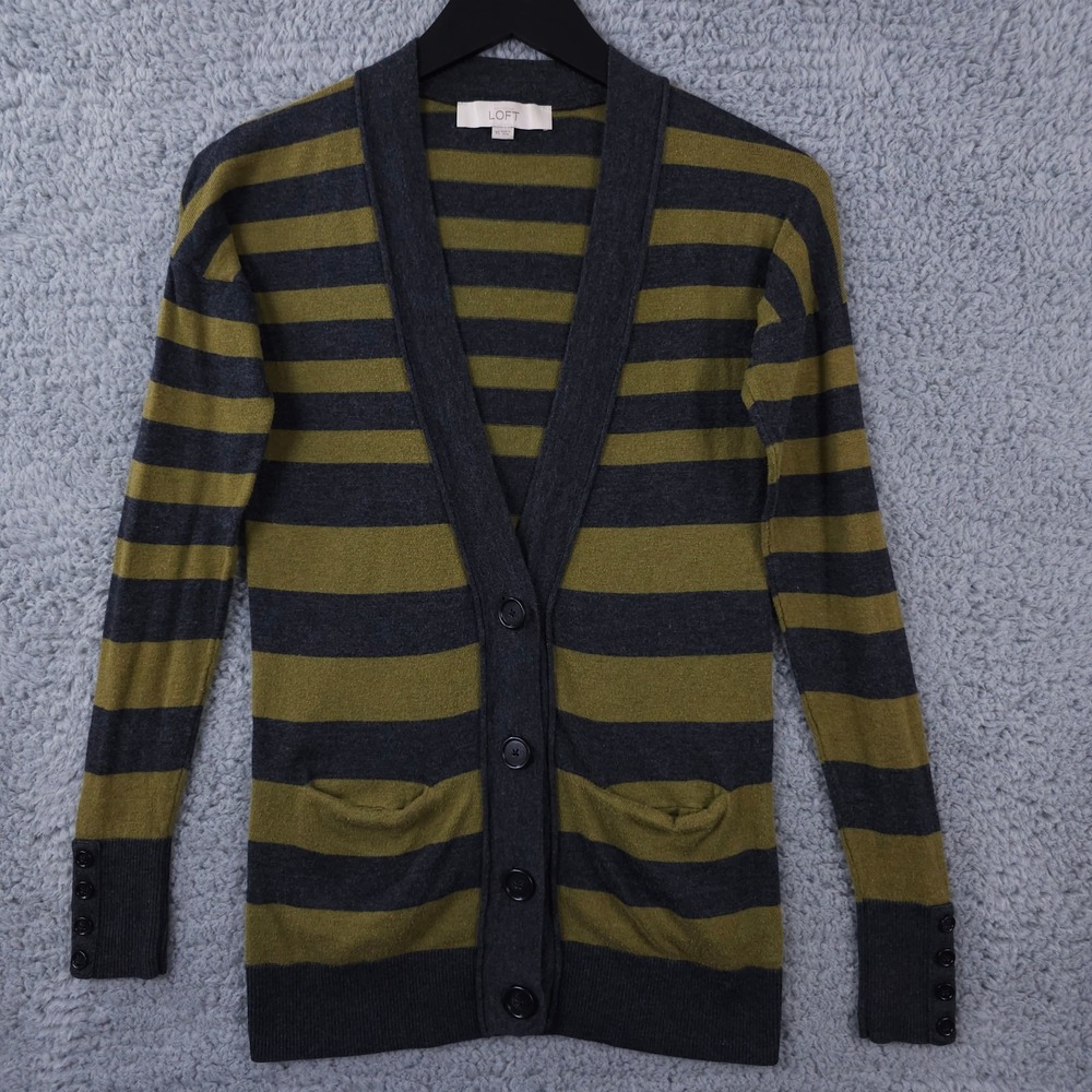 Ann Taylor LOFT Sweater Womens XS Green Gray Striped Button Cardigan Wool Blend
